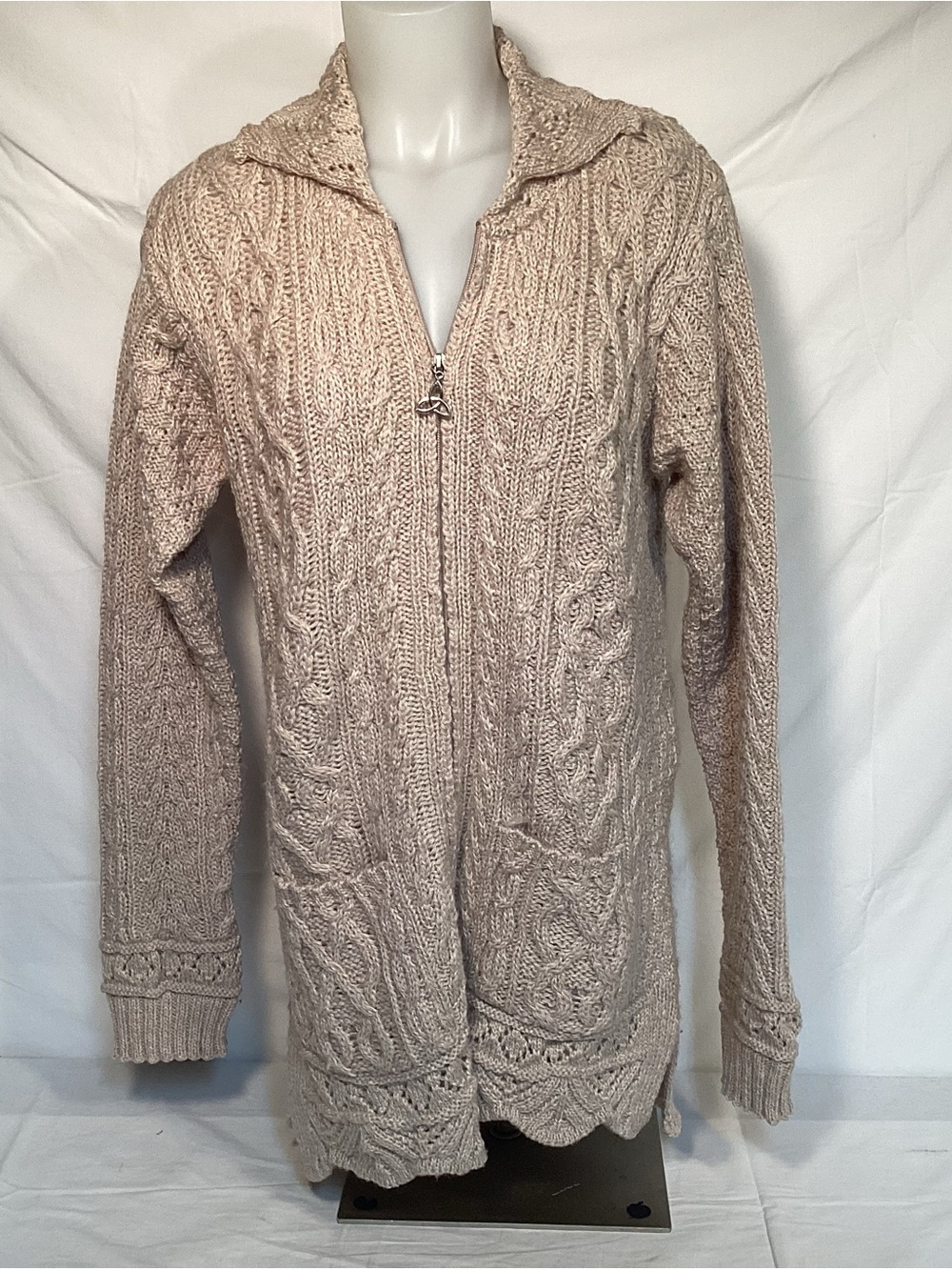 Inis Crafts Made In Ireland Beige Merino Wool Full Zip Cardigan Women’s Large